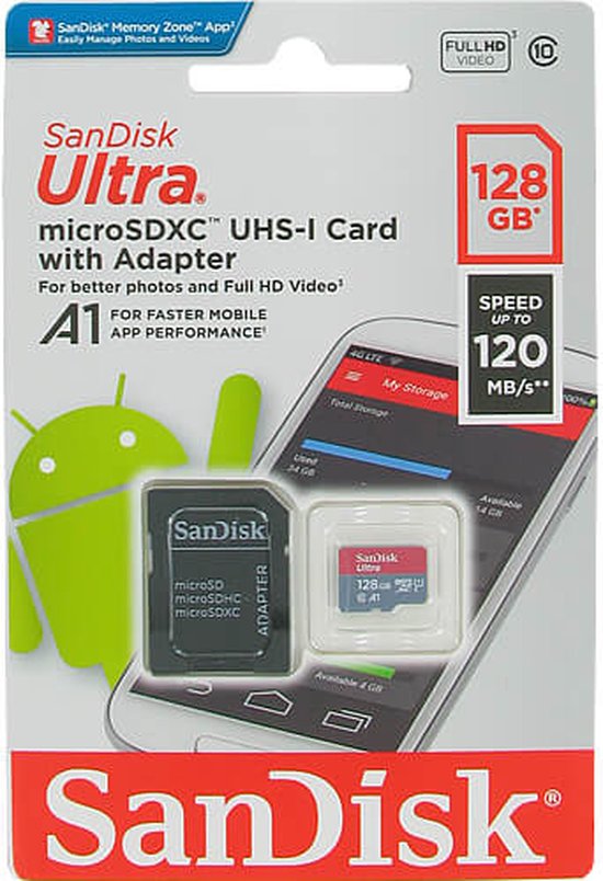 SanDisk microSDXC Geheugenkaart 128GB Ultra C10 U1 A1 UHS-I SDSQUA4-128G-GN6MA  | bol.com