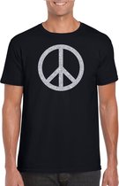 Zwart Flower Power t-shirt zilveren glitter peace teken heren - Sixties/jaren 60 kleding XL