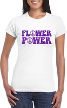 Toppers Wit Flower Power t-shirt peace tekens met paarse letters dames - Sixties/jaren 60 kleding XS
