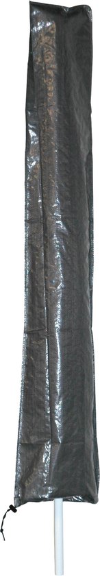 Grijze parasolhoes met witte stok en trekkoord.