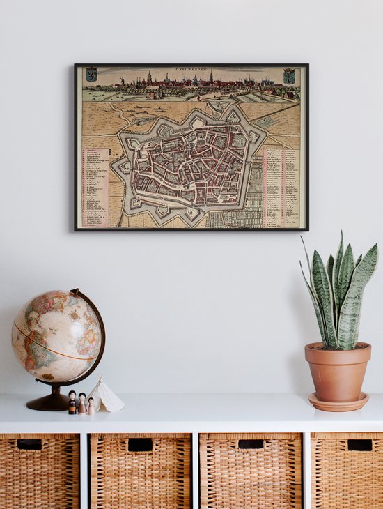 Poster In Zwarte Lijst - Historische Oude Kaart Leeuwarden - Stadsplattegrond 1664 - 50x70 cm