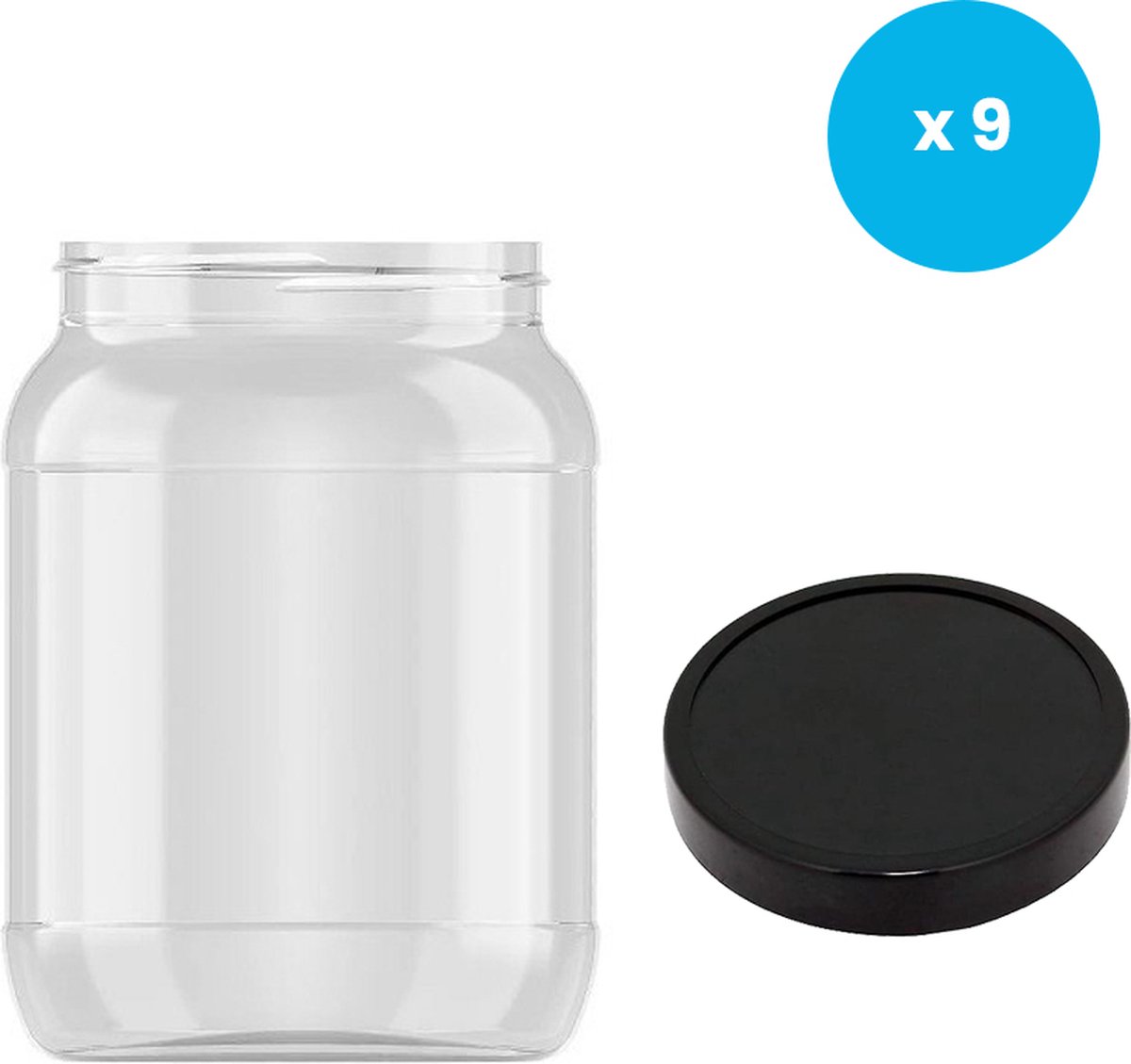 set van 9 transparante PET bokalen met zwart plastic deksel 1500ml