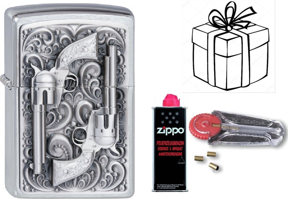 Goedkoopste Geschenkset Zippo- ZIPPO Revolver met ZIPPO BENZINE en Vuursteentjes-uniek cadeau
