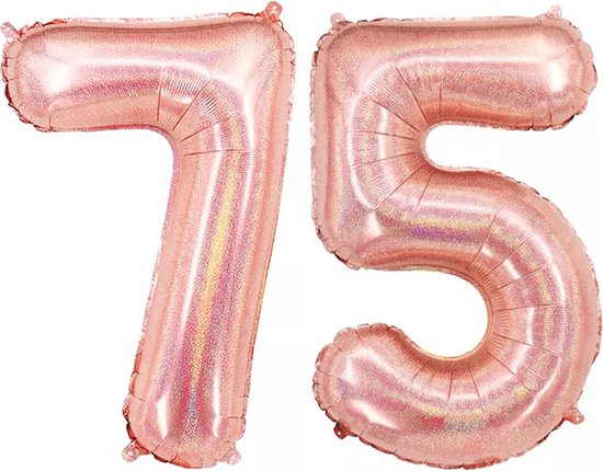 Ballon Cijfer 75 Jaar Rose Goud Helium Ballonnen Verjaardag Versiering Feest versiering Met Rietje Glitter - 86Cm