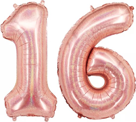 Ballon Cijfer 16 Jaar Rose Goud Helium Ballonnen Verjaardag Versiering Feest versiering Met Rietje Glitter - 86Cm