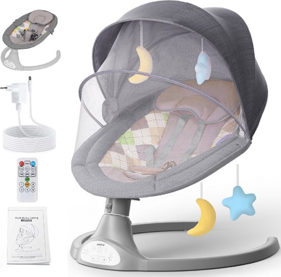 Bioby Elektrisch Wipstoel - Baby Schommelstoel - Elektrische Babyschommel - Babyswing - Wipstoeltjes voor Baby met Klamboe - Grijs