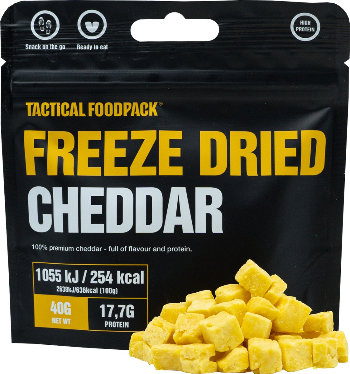 Tactical Foodpack - Freeze Dried Cheddar Snacks (40g) - Gevriesdroogde kaasblokjes - 1055kJ/254Kcal - 17,7 gram proteïne - 3 jaar houdbaar - survival eten