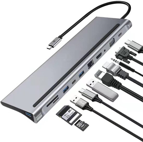 Nuvance - 11 in 1 Docking station - voor Laptop - USB C Hub - USB Splitter - USB C Dock - HDMI, VGA, SD en USB 3.0 - Anti Slip - Grijs