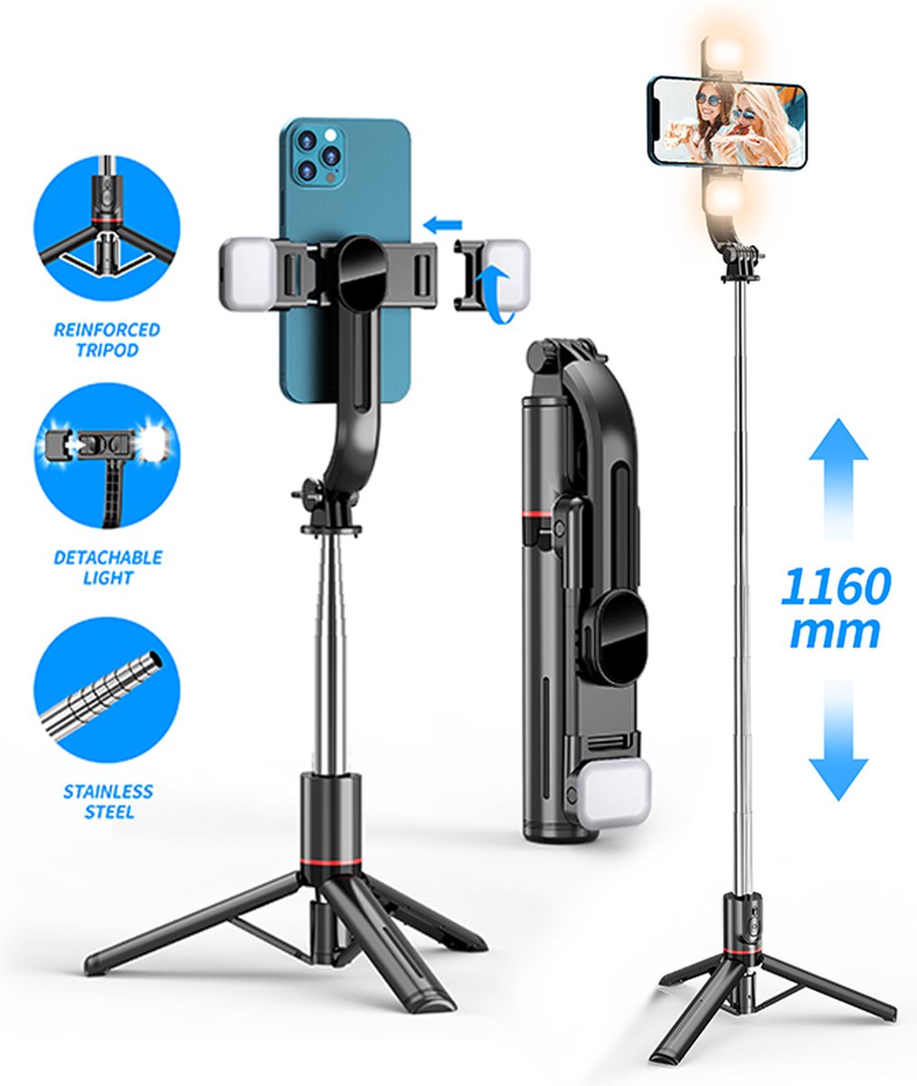 Selfie Stick Tripod - Smartphone Statief - Lichtfunctie LED lamp - Stok - Tripod - 360° Rotatie - Bluetooth Afstandsbediening - Lange Batterijduur - iPhone - Samsung - Selfiestick Universeel