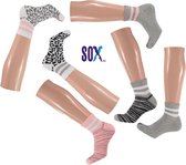 SOX 6 PACK Sokken Quarter streep met Thermo zool Multipack Fantasie tekening Roze mix en Grijs mix Maat 37/42 zonder teennaad wandelsokken sportsokken