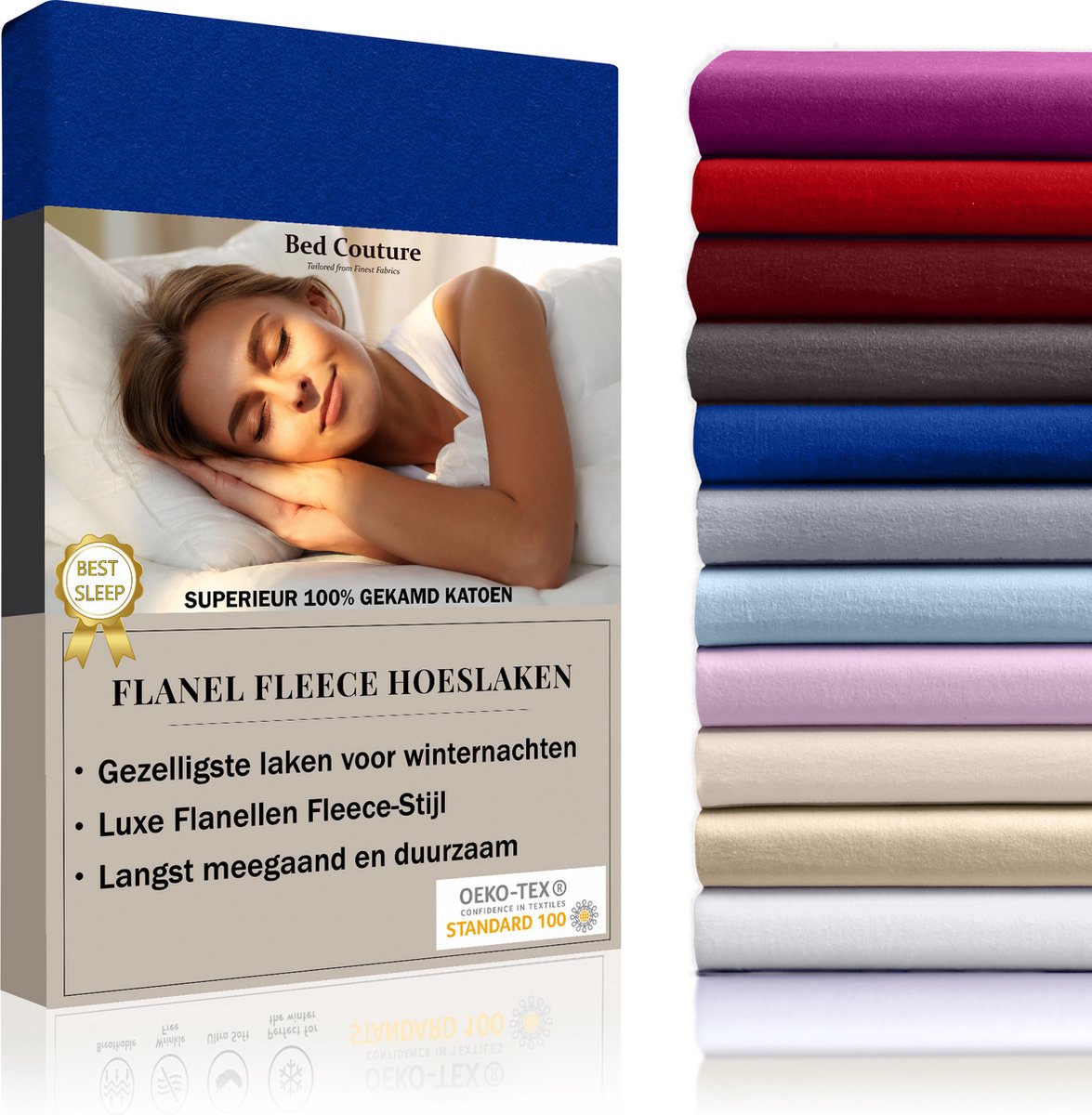 Bed couture Flanel Fleece Hoeslaken - 100% Katoen Extra zacht en Warm - Lits-jumeaux Extra Breed - 200x200+30 cm - Koningsblauw