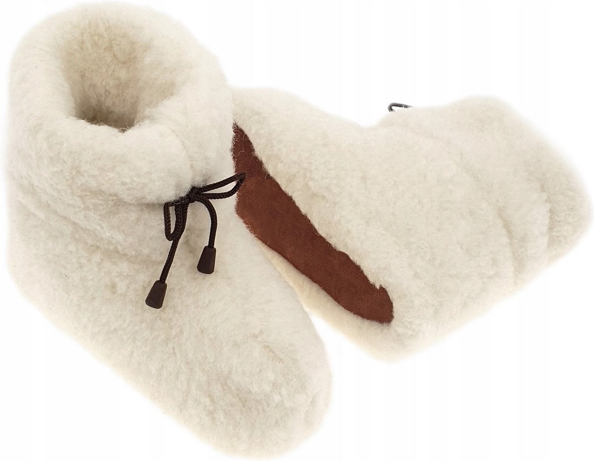 Wollen Sloffen - Winter Pantoffels 100% ECHT Lamswol en Leer - MAAT 42 - Leren Zooltjes - Handgemaakte Slofjes - Kleur Crème