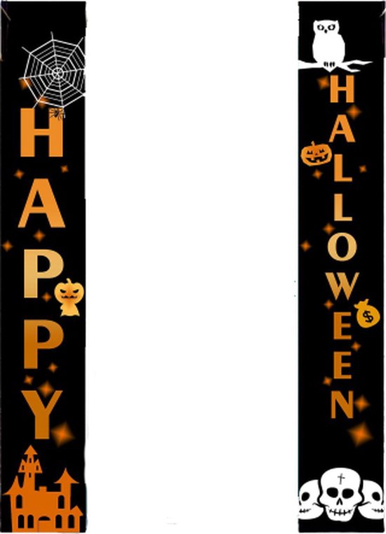 Halloween decoratie - Versiering - Feestversiering - Deurvlaggen - Voor buiten - 180 x 30 cm - Happy Halloween - 2 stuks