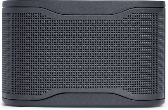 Barre de son compacte gris foncé avec façade perforée et bord supérieur incurvé.