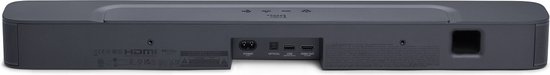 Arrière d'une barre de son JBL noire avec divers ports de connexion.