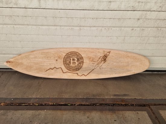 Bitcoin Surfplank - Wanddecoratie Gravure 150cm - Western Deco