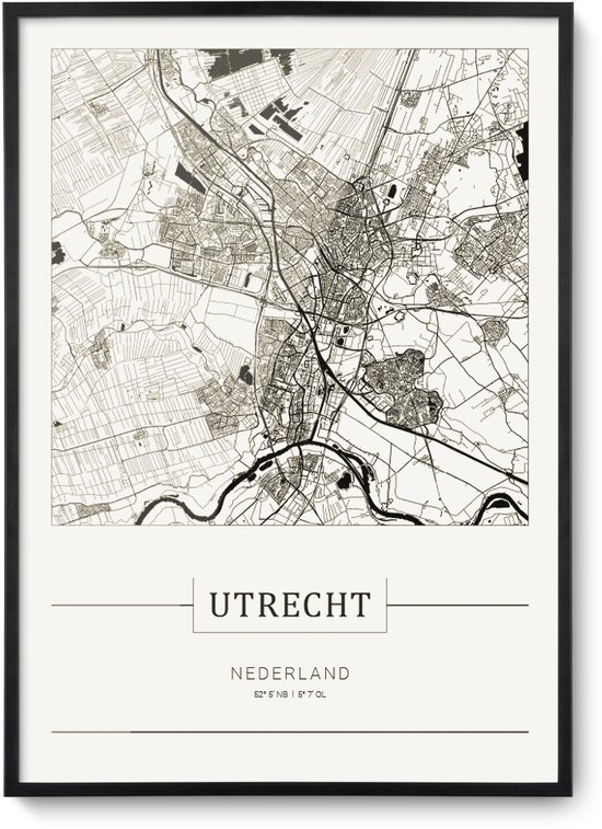 Stadskaart Utrecht - Plattegrond Utrecht – city map – muurdecoratie 30 x 40 cm in lijst