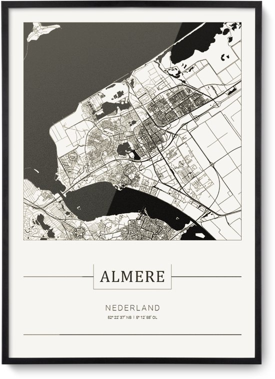 Stadskaart Almere - Plattegrond Almere – city map – muurdecoratie 30 x 40 cm in lijst