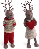 Twee Grote Grijze Hertjes Jongen & Meisje - Vilten Kerstdecoratie - 27 cm staand model - Én Gry & Sif