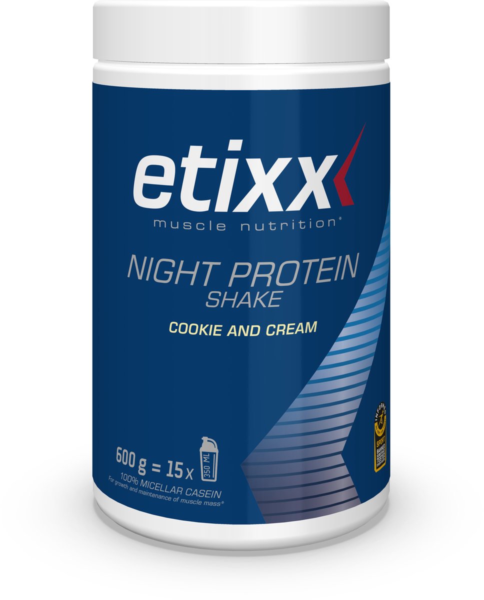 Goedkoopste Etixx Night Protein Shake - Muscle Nutrition - Eiwitshake - 600 gram - Bevat 100 Micellair Caseïne - 30g eiwitten per portie - Arm aan suiker en vet - Draagt bij tot spiergroei