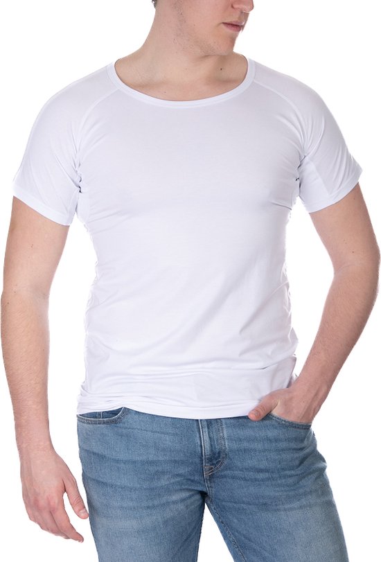 ConfidenceForAll® Heren Premium Anti Zweet Shirt met Ingenaaide Okselpads - Zijdezacht Modal en Verkoelend Katoen - Maat S Ronde hals Wit