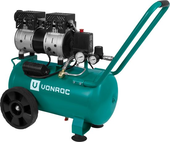 VONROC PRO Stille Compressor - Olievrij - 750W - 1PK - 128 l/min  – 24 Liter – 8 Bar – 57,5dB(A) – Silent – Low noise - Groen