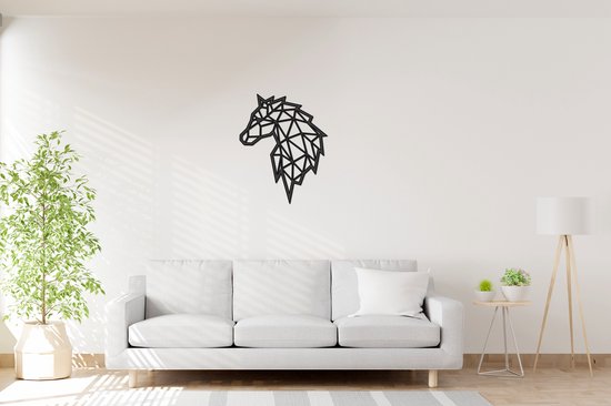 Geometrisch Paard Hoofd - Wanddecoratie - Lasergesneden - Zwart - Geometrische dieren en vormen - Houten dieren - Muurdecoratie - Line art - Wall art