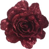 Cosy & Trendy Kerst - Roos clip - Set van 2 - Glitter - Kersenrood - D10cm - Kerstboomdecoratie - Clips