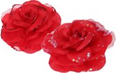 2x stuks decoratie bloemen rozen rood op clip 9 cm