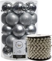 Kerstballen 8 cm - incl. kralenslinger 10 m - zilver - kunststof