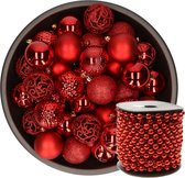 Kerstballen 6 cm - 37x stuks - incl. kralenslinger 10 m - rood - kunststof