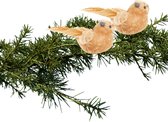 2x stuks kunststof decoratie vogels op clip caramel bruin 12 cm - Decoratievogeltjes - Kerstboomversiering
