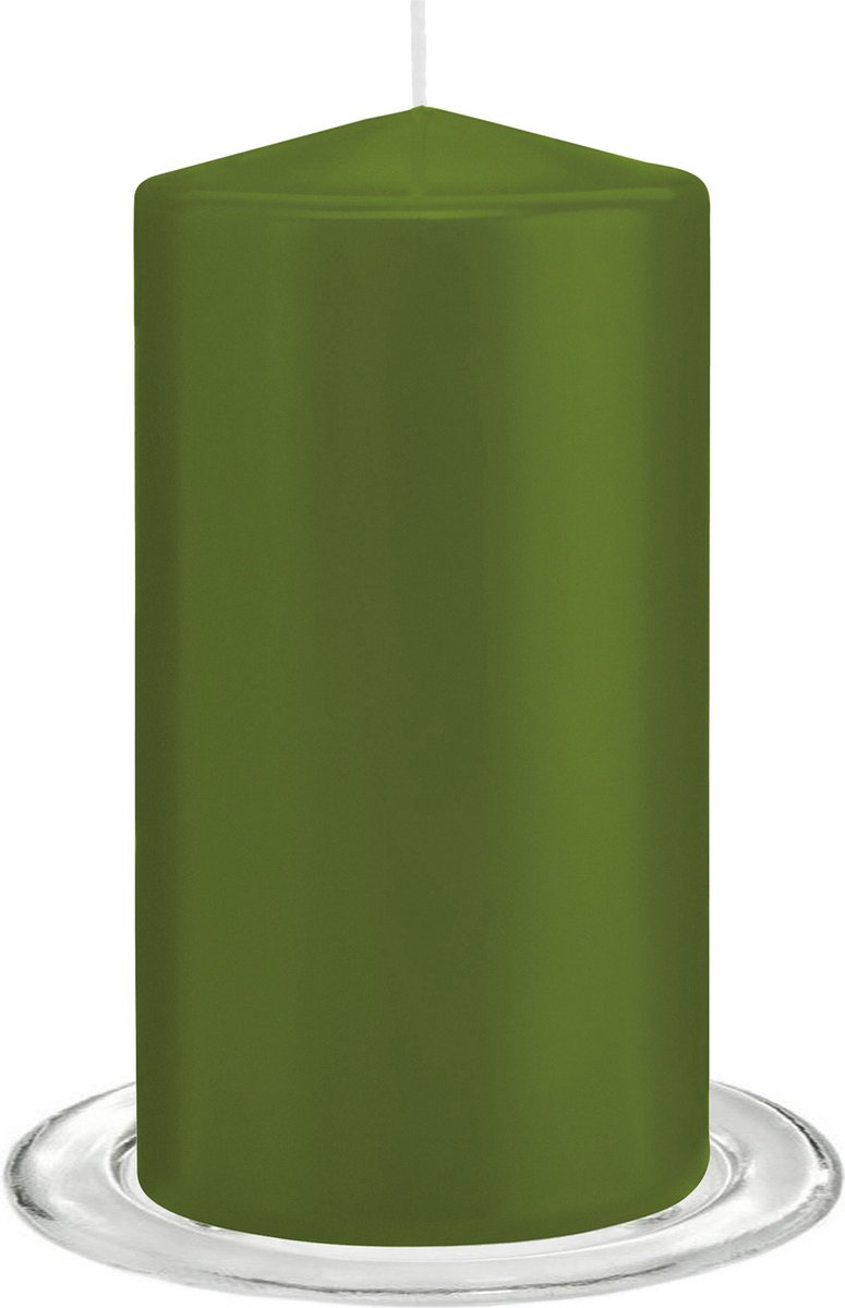 Trend Candles - Stompkaarsen met glazen onderzetters set van 2x stuks olijfgroen 8 x 15 cm