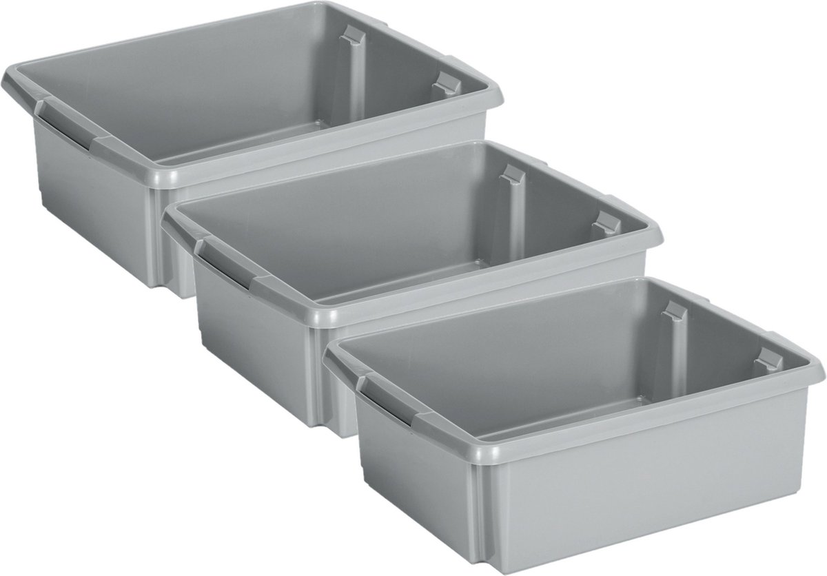 Sunware Opslagbox Nesta - 3x - kunststof - 17L - grijs - 45 x 36 x 14 cm - stapelbaar