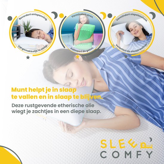 Vrouw met groen ergonomisch kussen. Kleine cirkels tonen ontspanning, kalmte en verbeterde slaapkwaliteit.