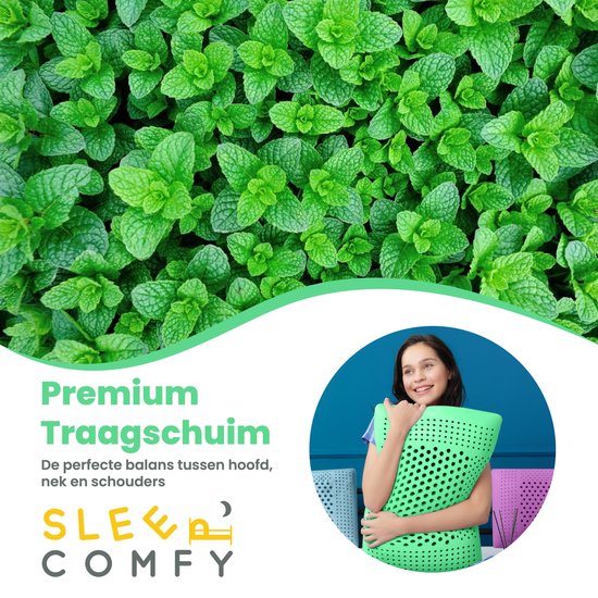 Vrouw met groen ergonomisch kussen, omringd door muntbladeren. De tekst "Premium Traagschuim" staat op de afbeelding.