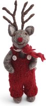 Grijs vilten rendier Kersthanger met rode neus, broek en sjaal - hangend of staand - 15 cm van Én Gry & Sif