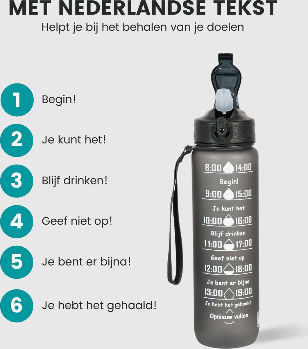 LaCardia Motivatie Waterfles 1 Liter - Drinkfles met Rietje en Tijdmarkering - BPA vrij - Drinkbus voor Kinderen en Volwassenen - Sportfles & Travel mug - Grijs
