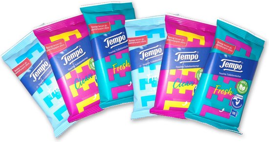 Tempo® | 6 x 10 Vochtige Toiletdoekjes Assorti | pocketformaat | handig voor onderweg