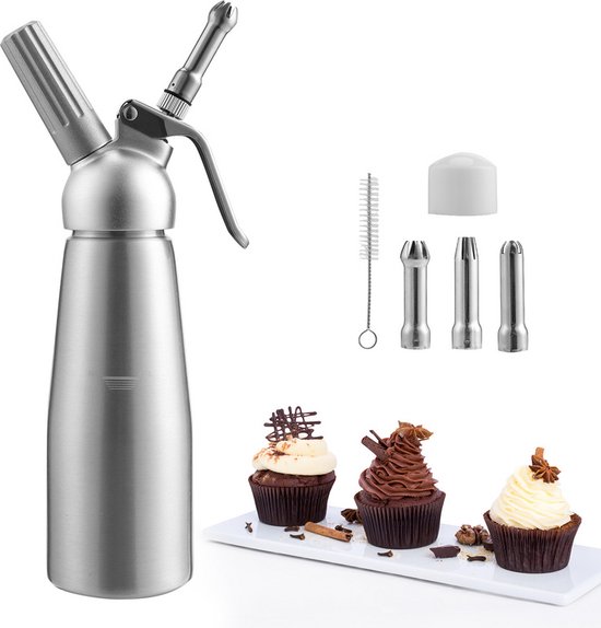Navaris slagroomapparaat met 3 spuitmonden - Professionele slagroomspuit - Inhoud 500 ml - RVS - Voor warme en koude room en slagroomsauzen