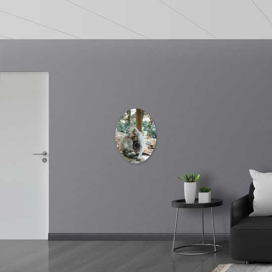 WallClassics - PVC Schuimplaat Ovaal - Drie Knuffelende Aapjes op een Steen - 51x68 cm Foto op Ovaal  (Met Ophangsysteem)