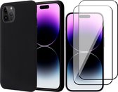 Hoesje geschikt voor iPhone 14 Pro Max - Matte Back Cover Microvezel Siliconen Case Hoes Zwart - 2x Full Tempered Glass Screenprotector