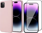 Hoesje geschikt voor iPhone 14 Pro Max - Matte Back Cover Microvezel Siliconen Case Hoes Roze - Full Tempered Glass Screenprotector