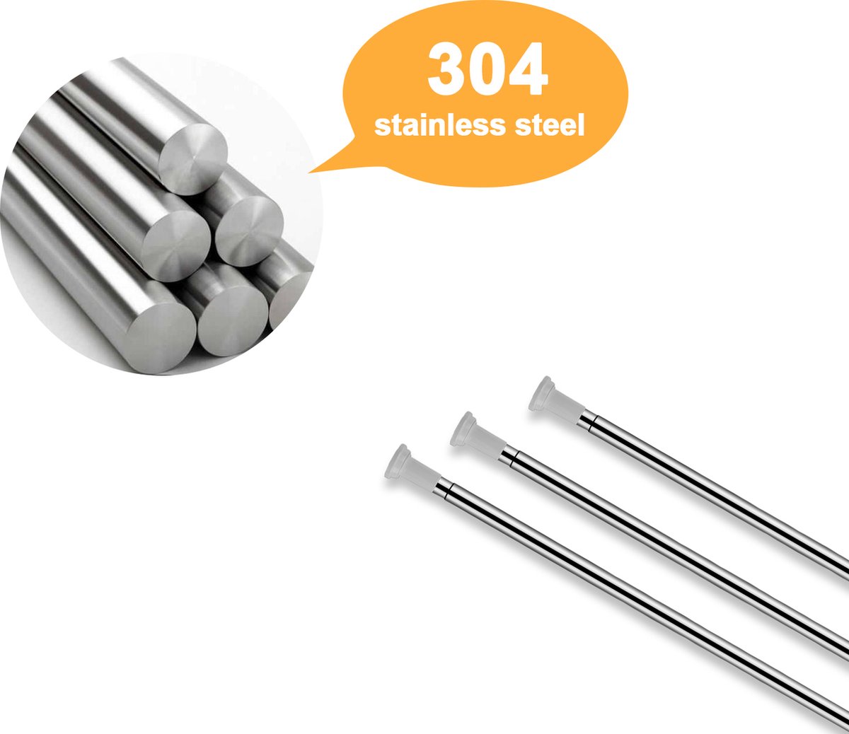 Douchegordijnstang Douchegordijnroede RVS zonder boren, lengte