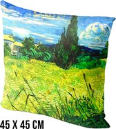 Allernieuwste® Kussen Groen Korenveld Vincent van Gogh - Kussenhoes polyester peach skin Perzikhuid - Kussenovertrek - Kleur groen 45 x 45 cm