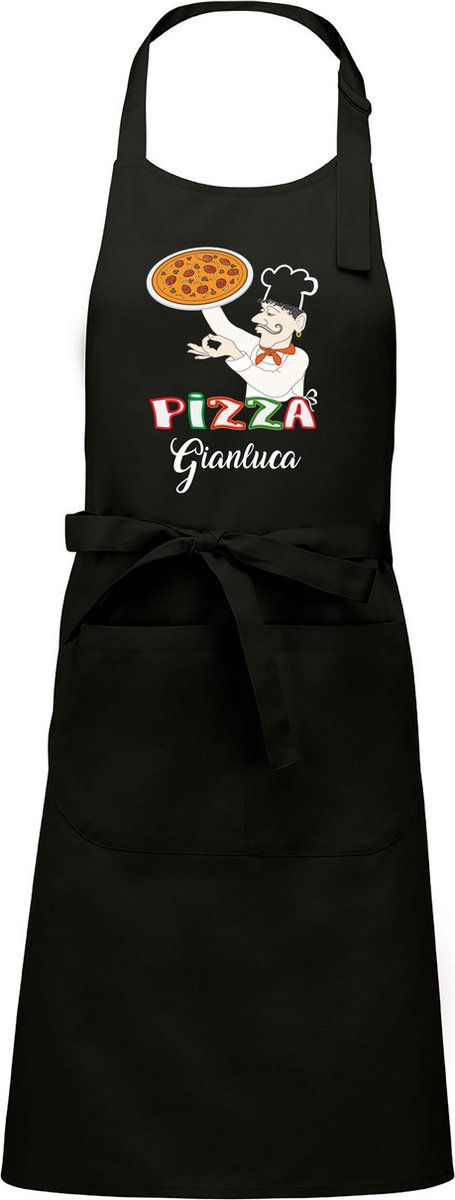 Luxe keukenschort - Pizza - met voornaam - Zwart