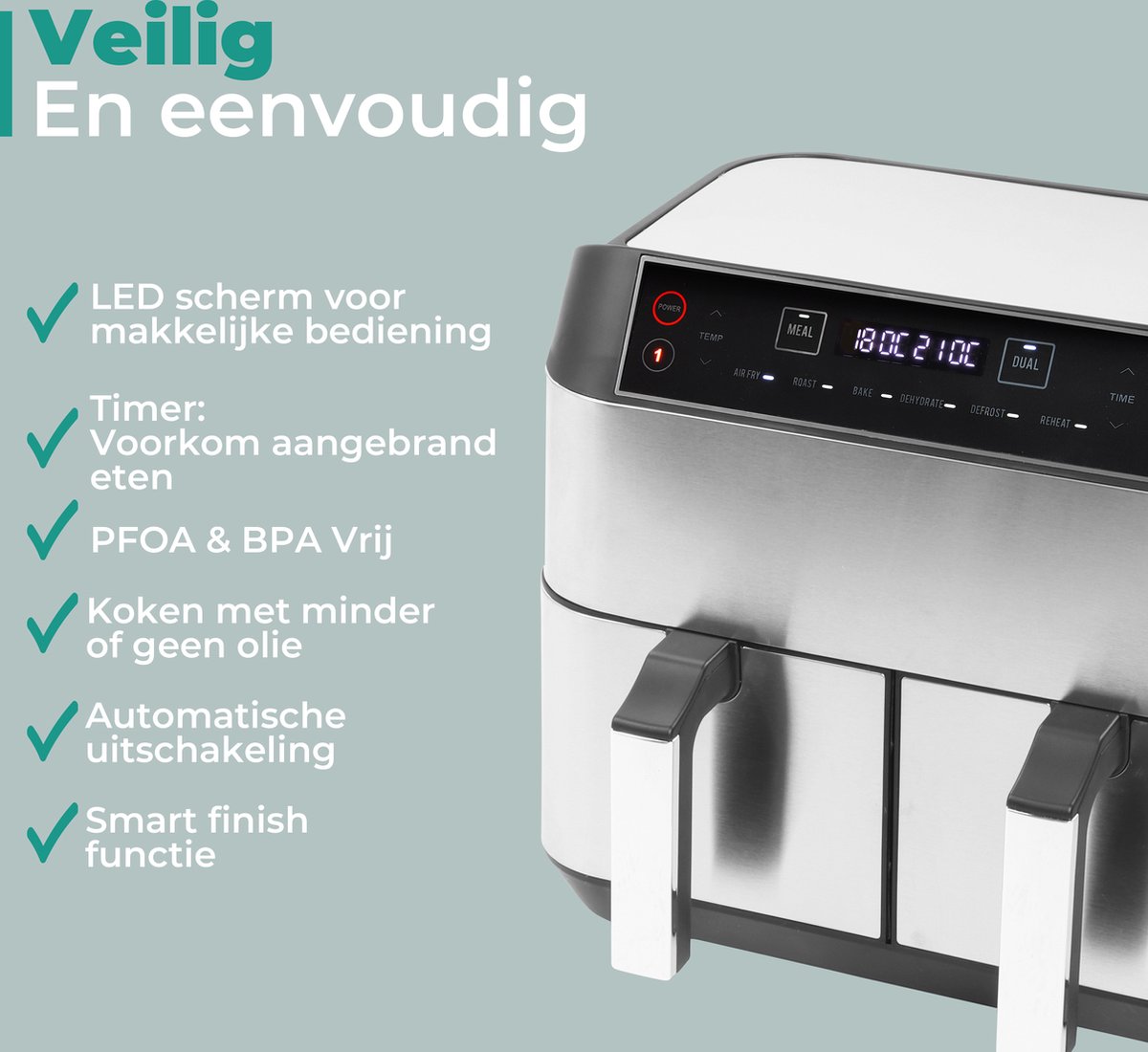 Afbeelding 3 van Niceey Dubbele Airfryer XXL - Twee Kookvakken - Dubbele Airfryer - 8.0 Liter - 2460 Watt - Hetelucht friteuse - Incl. Kookboek - Zilver