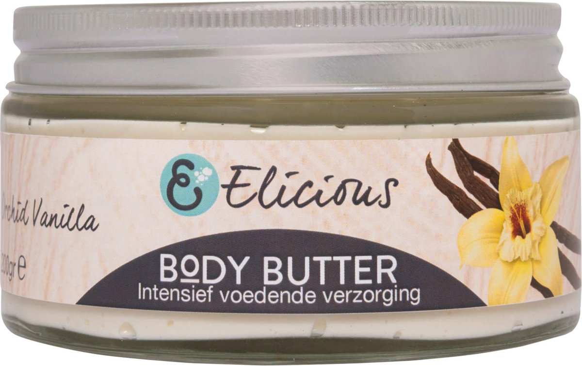 Elicious® - Body Butter - Vanille - 100% Natuurlijk - Huidverzorging - Natuurlijke Skincare - Moisturizer - Plasticvrij - SLS vrij - Vegan - Dierproefvrij - 200gr