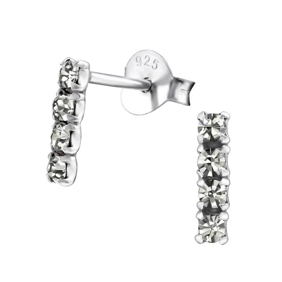 Joy|S - Zilveren bar / staaf oorbellen - 2 x 8 mm - black diamond / grijs kristal - oorknoppen