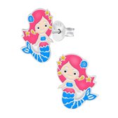 Oorbellen meisje | Zilveren kinderoorbellen | Zilveren oorstekers, zeemeermin met blauwe staart en roze haren